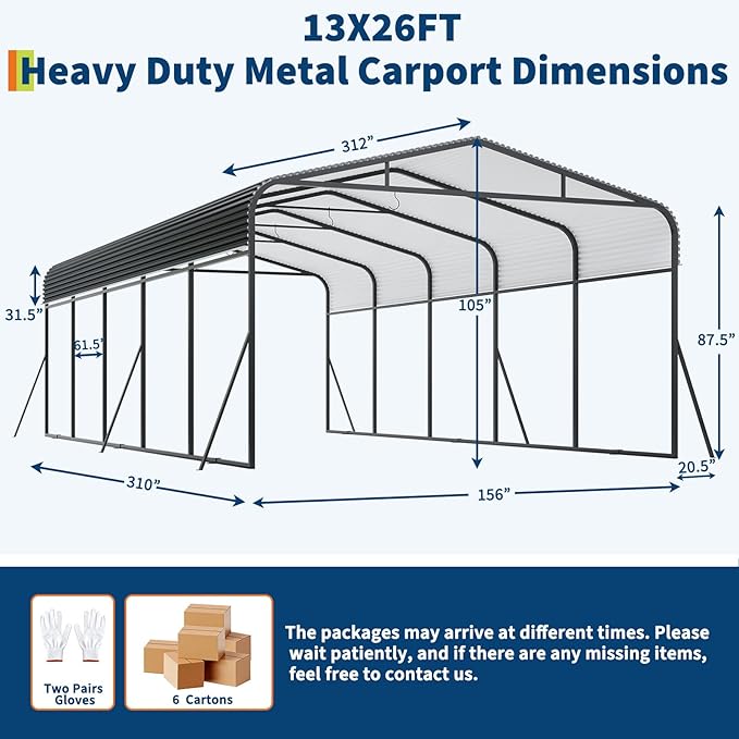 GAOMON Metal Carport, Carport with Reinforced Base and Galvanized Steel Roof, Heavy Duty Garage Car Shelter Shade, Outdoor Car Port Canopy for SUV, Truck, Boats, 13x26 FT