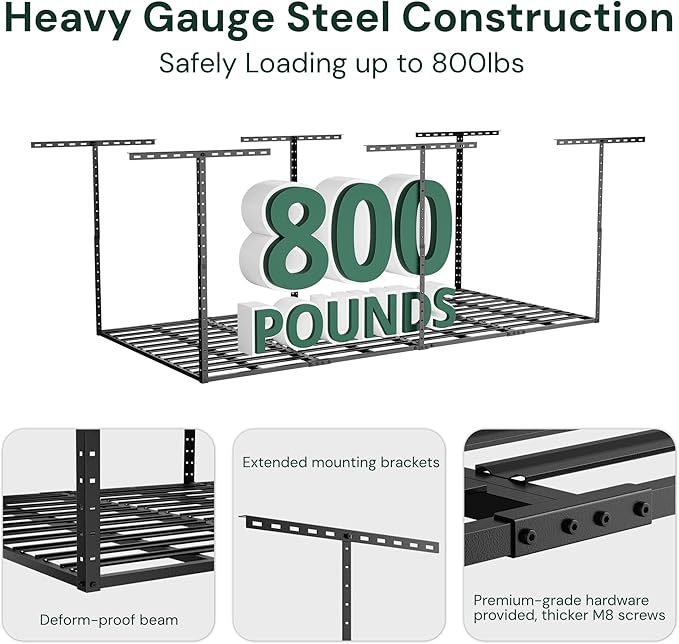 SunsGrove 2x8 Overhead Garage Storage Rack Organization, Adjustable Ceiling Mounted Storage Racks, 800LBS Weight Capacity, 22"-40" Ceiling Dropdown, Hammertone Black