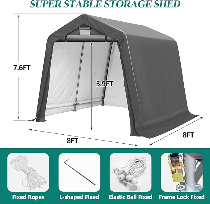 GARTOO 8' x 8' Outdoor Storage Shelter Shed- Heavy Duty Storage Tent with Roll-up Ventilated Windows, Portable Garage Zipper Storage shed for Bike, ATV, Motorcycle Shelter, Gray