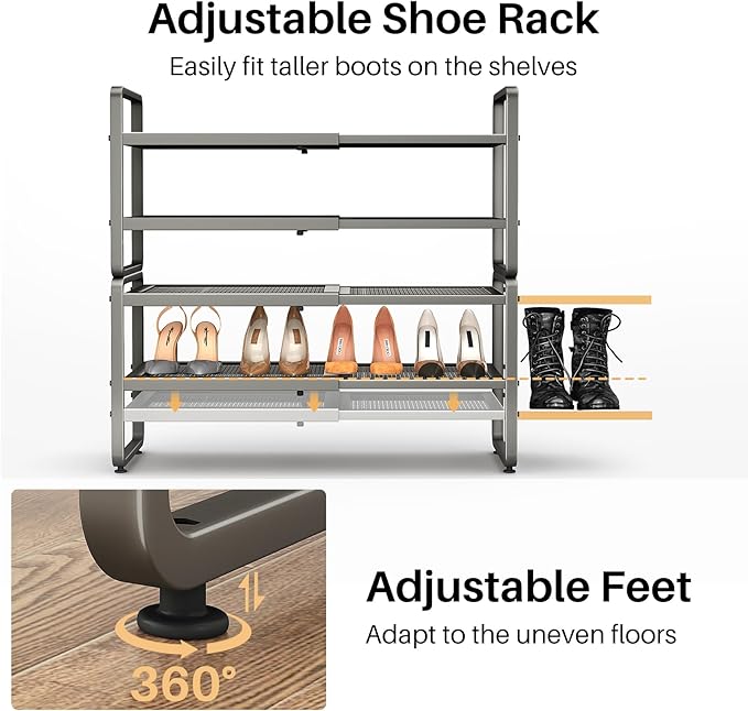 Shoe Rack - Expandable Shoe Organizer for Closet, Adjustable Metal Shoe Shelf Storage, Stackable Long Shoe Stand Holder for Garage, Entryway, Door Entrance (Grey, 4-Tier)
