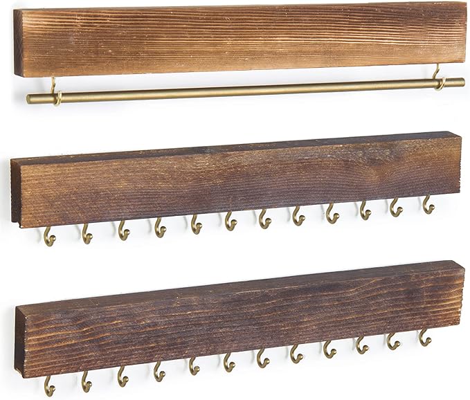 MyGift 3-Piece Wall Jewelry Organizer, Wall-Mounted Rustic Wood and Gold Tone Metal 24 Hook Necklace and Bracelet Storage Rack with Hanging Earring Bar