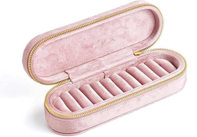 Velvet Ring Earrings Storage Box with 11 Slots, Ear Stud Holder, Zipper Closure Jewelry Organizer (Light Pink)