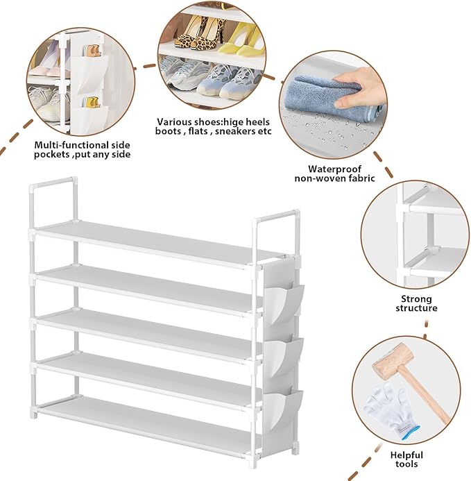 OYREL 5 Tier Shoe Organizer, 33.3in Wide x 11.2in Deep x 35.6in Tall, Black Metal and Plastic Shoe Rack with Side Bag, Holds 20-25 Pairs of Shoes