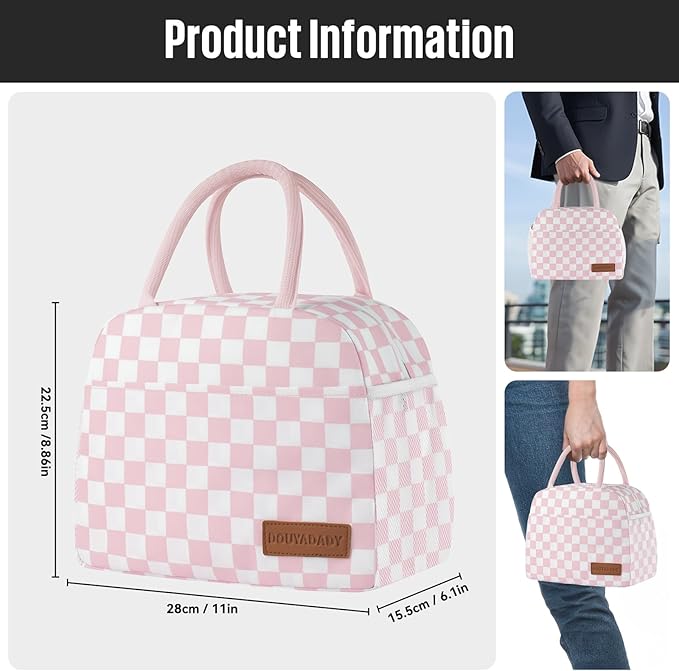 Lunch Bag Women/Men Lunch Box Women/Men (Pink+White Checkerboard)