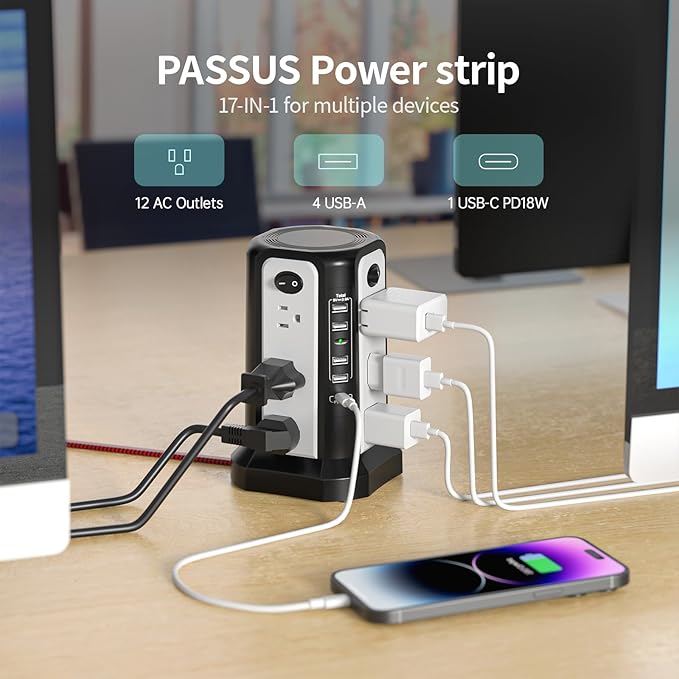 10FT Extension Cord with Multiple Outlets|PASSUS Surge Protector Power Strip with USB C(PD18W) Port|Flat Plug Braided Cord|Tower Outlets with USB Ports,Overload Protection for Home Office DormRoom