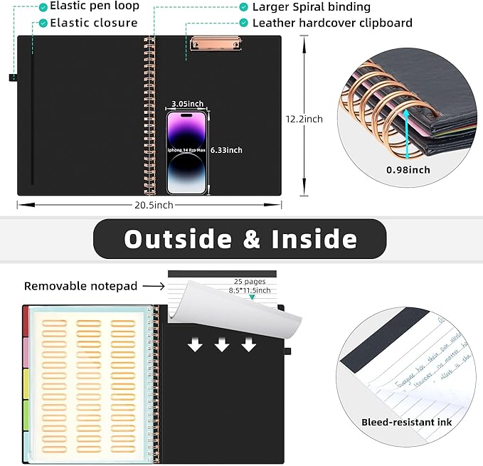 Ospelelf Leather Clipboard Folio with Notepad for Letter Size, Spiral Clipboard Folder with Storage Zipper Pouch, 5 Folders with 10 Pockets, 39 Divider Label Stickers, Pen Loop Series (Black)