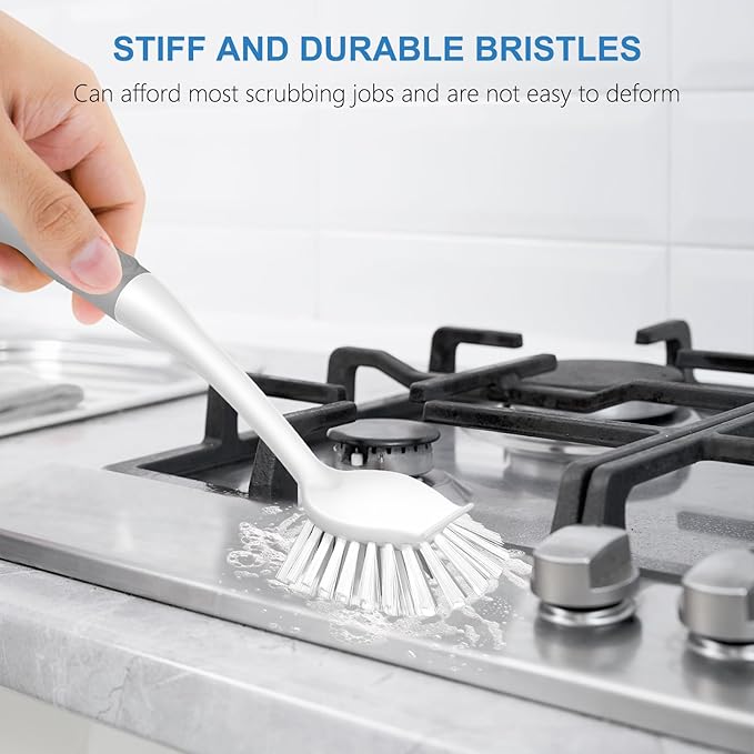 SetSail Dish Brush with Handle, 2 Pack Stiff Bristles Dish Scrubber with Built-in Scraper Dish Scrub Brushes for Cleaning Dishes, Pots and Pans, Kitchen Sink, Grey