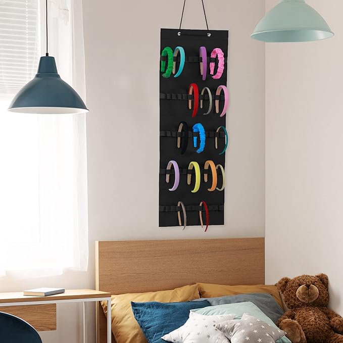 Tudomro Hanging Headband Holder for Girls Felt Hair Accessories Organizer with 60 Elastic Bands Bow Hanger for Girls Hair Bows Without Headbands(Plain Style,Black)