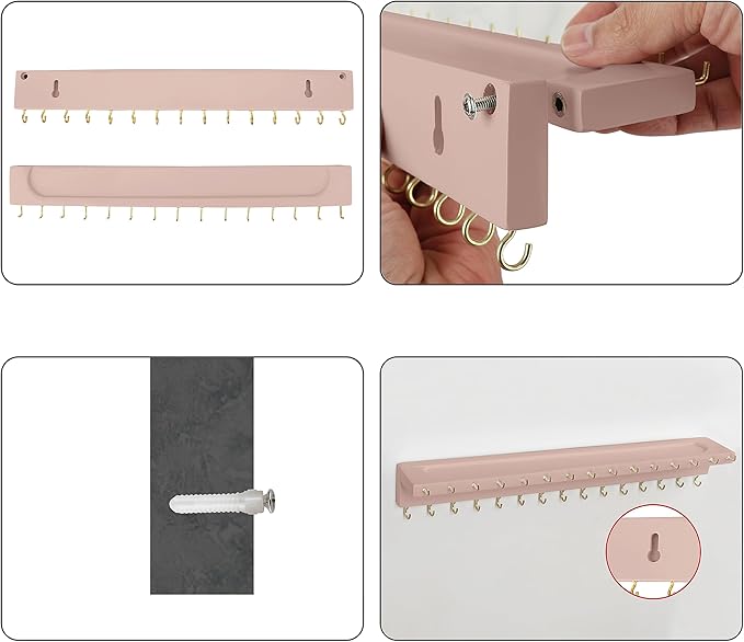 Necklace Holder, Upgraded Extra Large Wall Necklace Organizer with 30 Hooks Wall Mounted Necklace Hanger with Jewelry Tray/Cosmetics Shelf Rustic Pine Wood Holder (Pink)