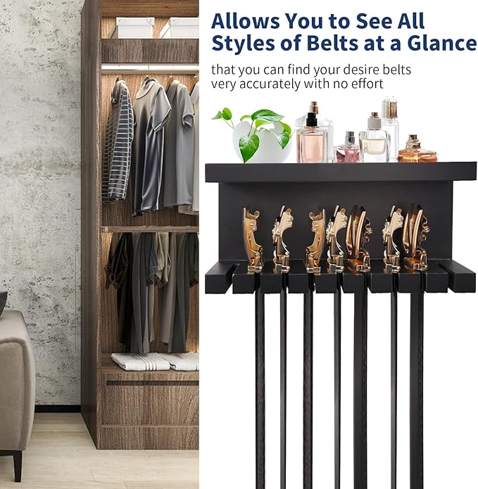 Belt Organizer - Wall Mounted Hanger with Double Shelving, Universal Rack for Men & Women, Black