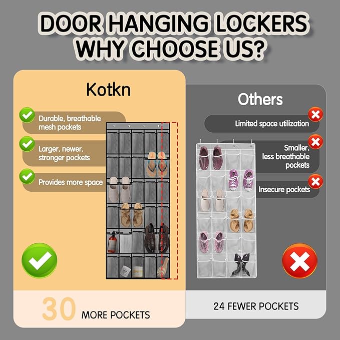 Over the Door Shoe Organizer with 30 Breathable Mesh Pockets - Large Capacity Closet Storage for Men & Women, Hanging Shoe Rack Organizer (2PC-Gray)