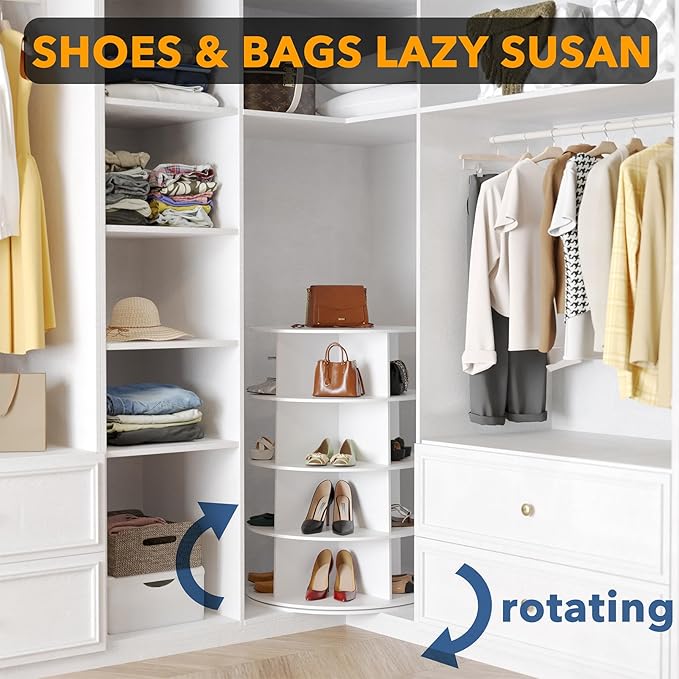 SpaceAid 4 Tier Rotating Shoe Rack Tower, Spinning Shoe Display Lazy Susan, Revolving 360 Shoe Rack Storage Round Carousel, Vertical Handbag Rotate Shoes Closet Organization (4-Tier White)