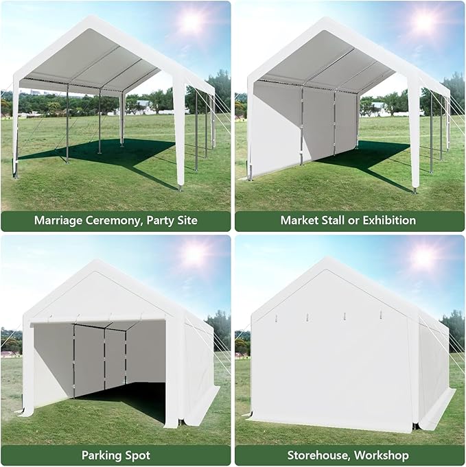 Carport 10x20 Ft Heavy Duty Canopy Steel Canopy Storage Shed,Portable Party Tent,Portable Garage with Removable Sidewalls & Doors All-Season Tarp for Carport Floor Fixing (White)