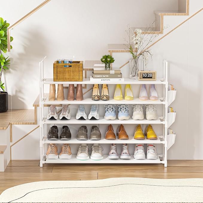 OYREL 5 Tier Shoe Organizer, 33.3in Wide x 11.2in Deep x 35.6in Tall, Black Metal and Plastic Shoe Rack with Side Bag, Holds 20-25 Pairs of Shoes