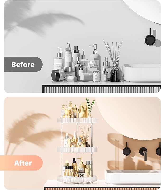 3 Tier Lazy Susan Bathroom Countertop Organizer, 360° Clear Rotating Makeup Cosmetic Perfume Storage Tray, Spinning Vanity Organizer Shelf for Bathroom Cabinet, Dresser, Kitchen(Large)