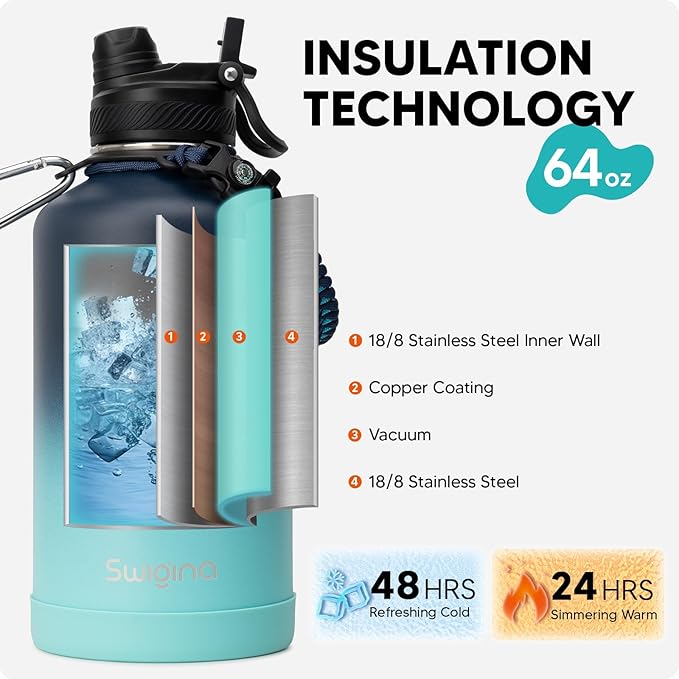 [2-IN-1 LID] 64 oz Insulated Water Bottle with Silicone Boot (48hrs Cold/24hrs Hot) - DIY Stickers, Leakproof, BPA Free, Half Gallon