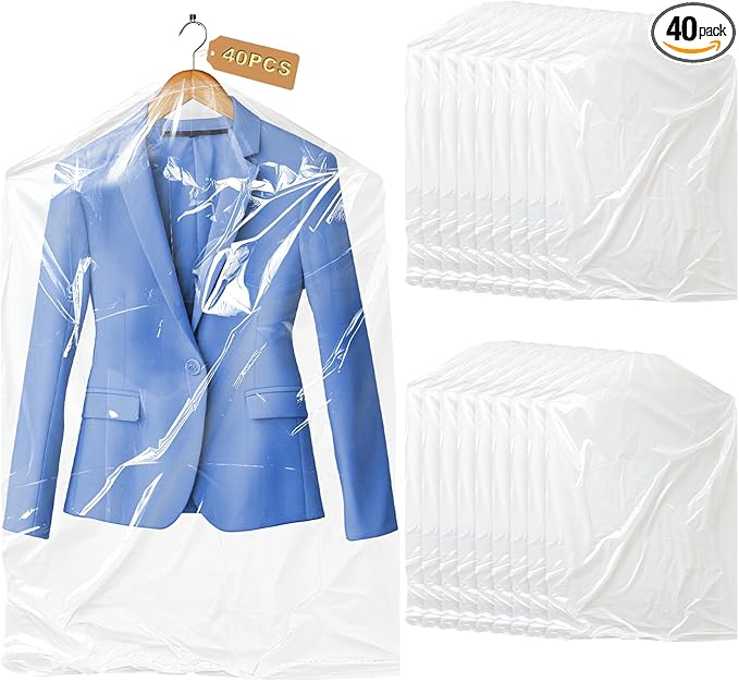 Gretchin 40 Pack Garment Bags - Set of 40, 60x90cm Plastic Dry Cleaning Bags for Hanging Clothes Storage