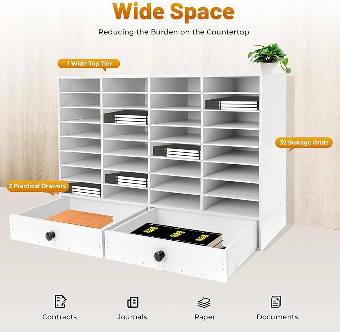 LOYALHEARTDY Literature Organizer,32 Compartment Office Mailbox with 2 Drawers,Paper and Mail Organizer,Paper Storage Cabinet Mail Organizer,39.4 X 12 X 25.2''Desktop File Sorter for Home&Office,White