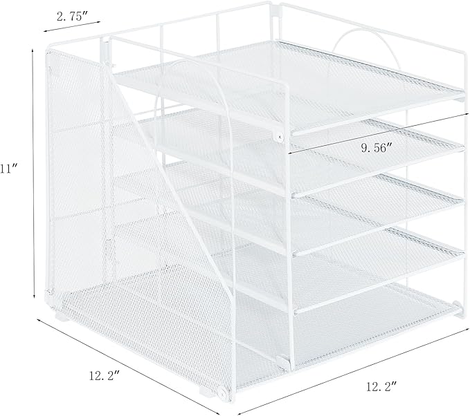 Desk Organizers and Accessories, 5-Tier Paper Letter Tray Organizer with File Holder, Desktop Organizer for Office Supplies (White)