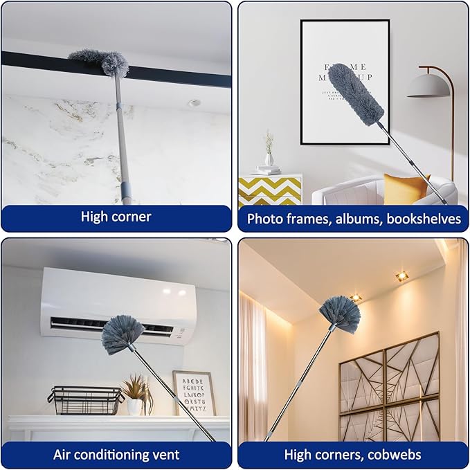 20 Ft+ High Reach Cobweb Dusting Kit with 3-14 Ft Extension Pole/Spider Web Brush & Ceiling Duster Microfiber Feather Duster with Washable Head for Cleaning Ceiling Fan, Furniture, Home