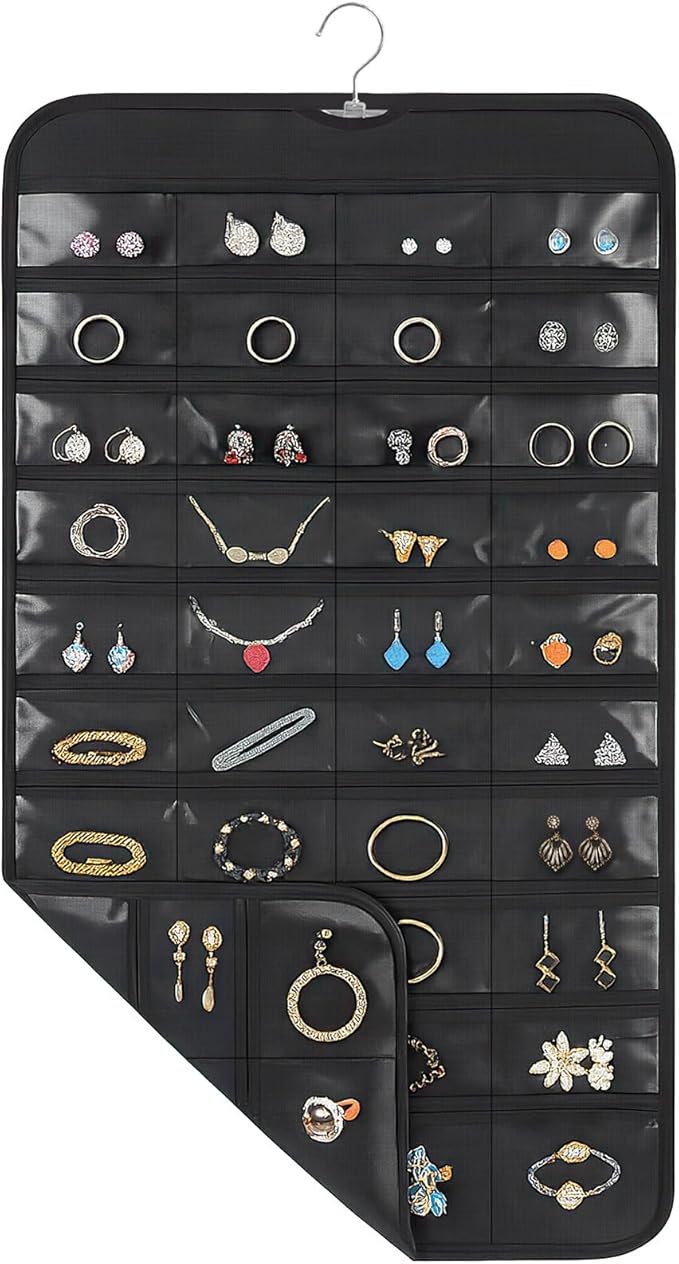 Hanging Jewelry Organizer for Closet with Swiveling Hanger, 17 x 30 In, 80 Clear Pockets Jewelry Organizer Hanging for Jewelries, Earrings, Accessories (Beige) (1, Black)