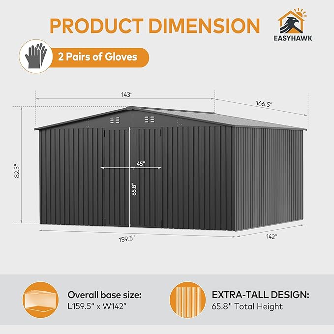 14 x 12FT Outdoor Storage Shed, Metal Waterproof Storage Shed Steel Utility Garden Tool Shed with Door & Lock Outdoor Storage,All-Weather Shelter for Bike, Gardening Tools, Lawn Mowers