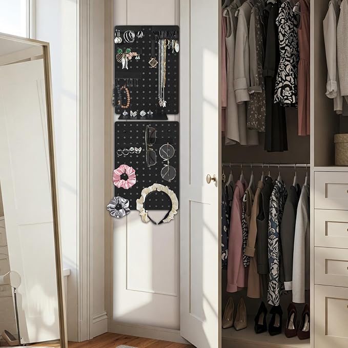 Wall Pegboard Jewelry Organizer - Versatile Jewelry Holders for Necklace Earring Bracelet Ring with Magnetic Racks Display Tray S Hooks J Hangers - Hanging Cabinet Closet Dresser Adhesive Mount Set