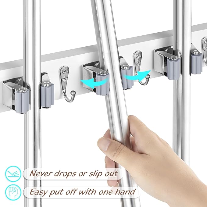 White Mop Broom Holder Wall Mount with 3 Slots & 4 Hooks - Wood Broom Mop Hanger for Pantry Kitchen Organization - Garden Tool Organizer for Closet Laundry Room