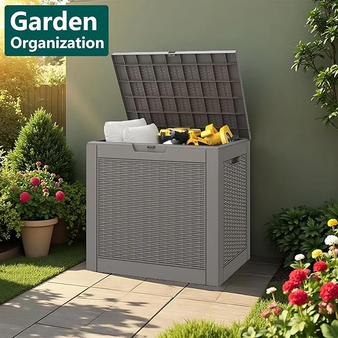 KAMABOKO 30 Gallon Outdoor Storage Box, Resin Deck Boxes Indoor and outdoor, Waterproof Storage Box Lockable Lid for Garden Tools, Package Delivery, Pool Supplies, Patio Cushions, Grey