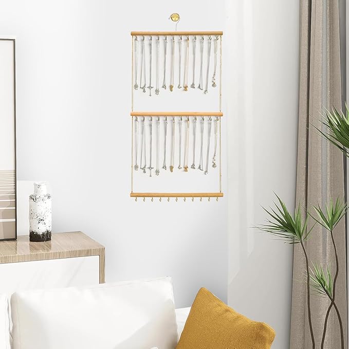 Hanging Jewelry Organizer with 36 Hooks - 15.7 Inch Hanging Wooden Display Rack for Necklaces, Bracelets, Earrings, Headbands - Space Saving Decor