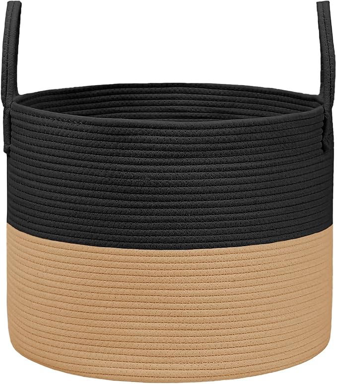115L Extra Large Blanket Basket for Living Room - Woven Cotton Rope Laundry Hamper with Reinforced Handles - Storage Bin for Pillows, Comforters & Toys - Machine Washable,Black&Jute