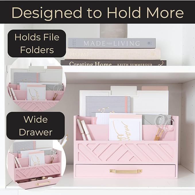 BLU MONACO | Pink Desk Organizers Wooden Mail Organizer with Drawer | Mail Sorter Organizer Countertop Gold Handle | Desk Organizers and Accessories Pink Office Storage