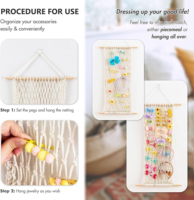 Pretty Jolly Macrame Hair Clips Accessories Organizer Hairbow Holder Rack for Girl Clips Storage Claw Clip Ornaments Keeper for Girls Room Wall Hanging Decor(Green)