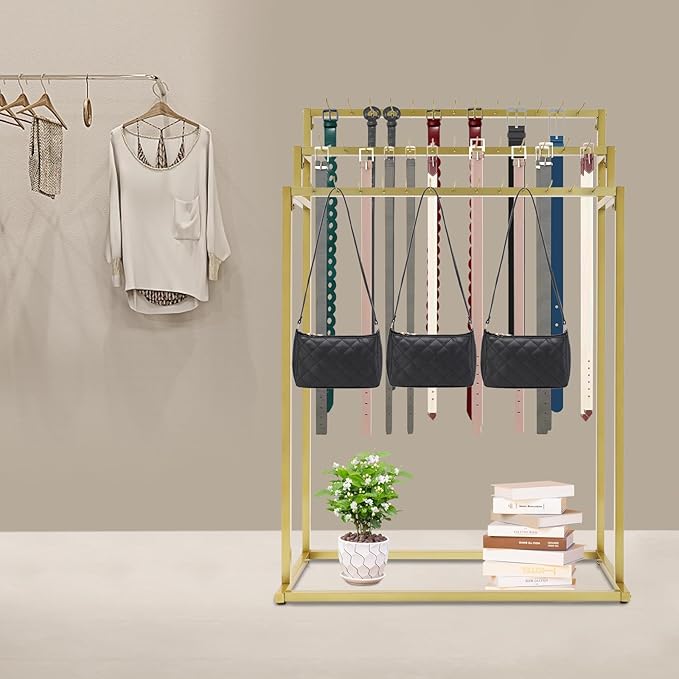 Belt Hanger, 3 Tier Freestanding Belt Display Rack with 39 Hooks, Tie Racks Belt Organizer Purse Hangers, Floor Mounted Retail Display for Belts, Ties, Scarves (Gold)