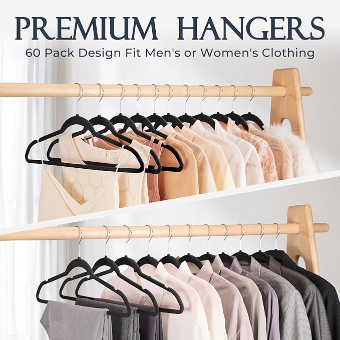 HOUSE DAY Premium Velvet Hangers, Non-Slip Thin Flocked Felt Hangers, Sturdy Clothes Hangers Heavy Duty Coat Hangers & Suit Hangers, Durable Suit Hangers for Closet Space Saving (20 Pack, Black)