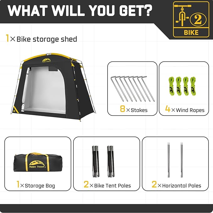 Happy Travel Bike Storage Shed Tent, Waterproof Portable Bike Cover with 40% More Top Space for 2/3/4/5 Bikes,Clips Easy Setup Sheds Shelter with Lockable Bicycle Design for Garden Tools, Lawn Mower