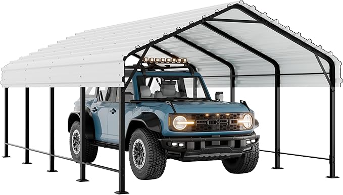 Walsunny Metal Carport 12x20 FT Heavy Duty Carport Canopy with Enhanced Base, Outdoor Car Shelter with Galvanized Steel Roof and Frame Garage for Truck, SUV, Boat, White