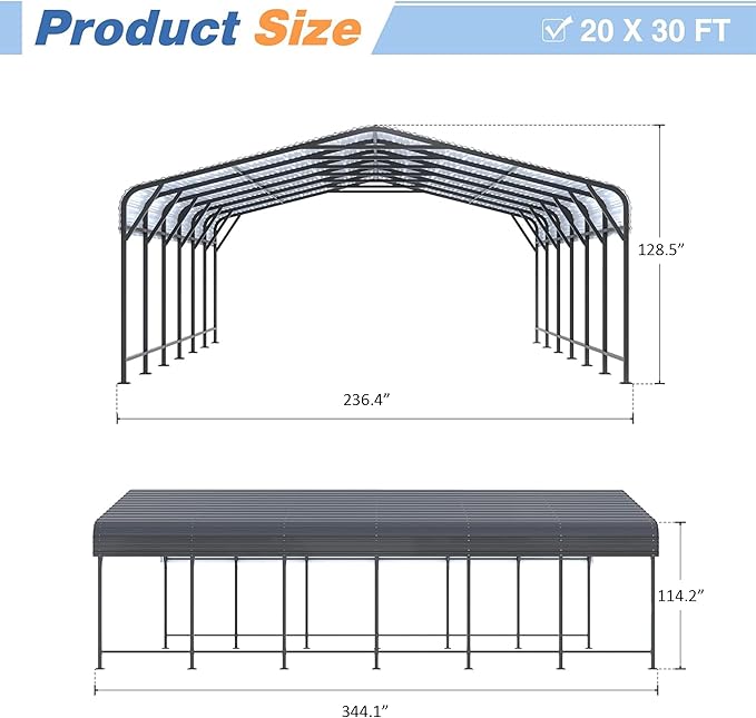 20x30 FT Metal Carport Canopy Heavy Duty with Reinforced Base and Galvanized Steel Roof & Frame, Garage Shelter for Cars, Boats and Trucks