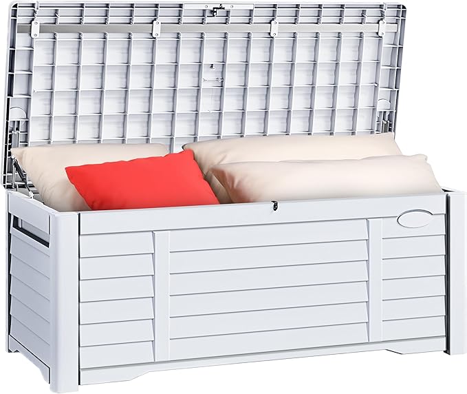 YITAHOME 150 Gallon Large Outdoor Storage Deck Box, Waterproof Cushion Storage Bench with Lockable Lid for Patio, Pool Supplies, Garden Tools, Resin, White