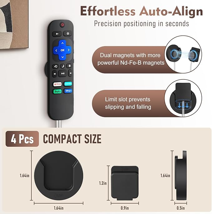 6.5 Ft Magnetic Remote Control Holder, 4 Pack Stretchy Remote Control Tether Wall Mount with Adjustable Leash and Strong Double N52 Magnets for TV/AC/Light/Fan, Home & RV Organizer Supply