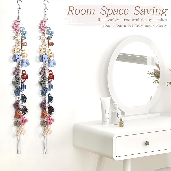 SNOWSTAR Macrame Hair Claw Clip Organizer with Rotating Hook and 20 Metal Rings,Hanging Hair Clip Holder and Storage for Women Girls,Claw Clips Hanger Home Decor for Wall,Door,Closet