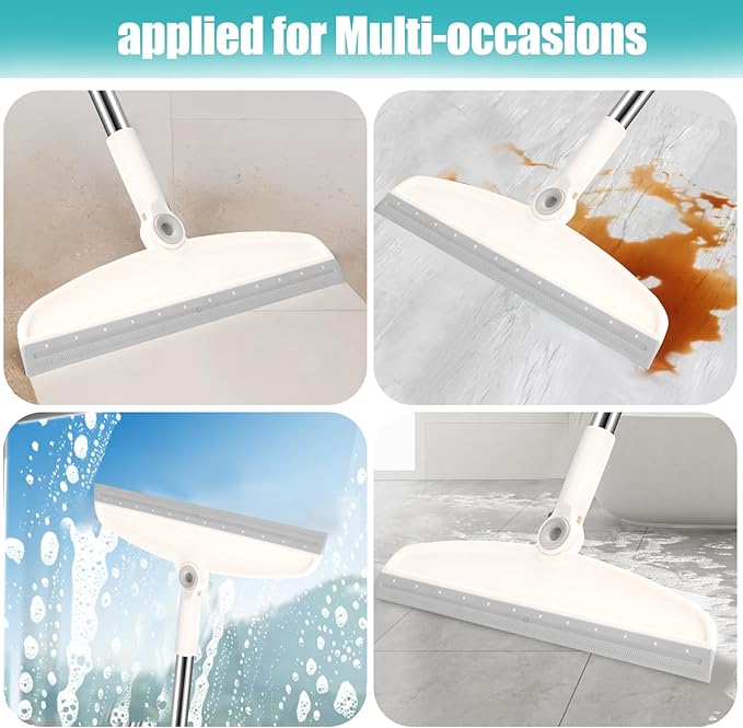 Upgrade Broom and Dustpan Set, Silicone Broom,Long Handle Broom with Upright Standing Dustpan, Squeegee - Broom for Indoor Cleaning 2+1,for Indoor Outdoor,Smooth Floors, Rugs (Grey-White)