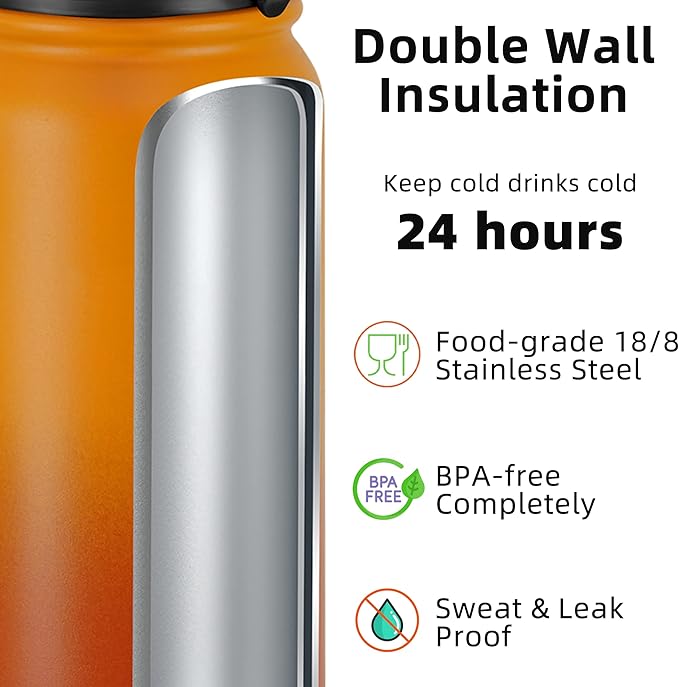 Fanhaw 32 oz Insulated Stainless Steel Water Bottle with Anti-Dust Chug Lid, Leakproof Vacuum Sports Bottle for Men & Women (Yellow Orange)