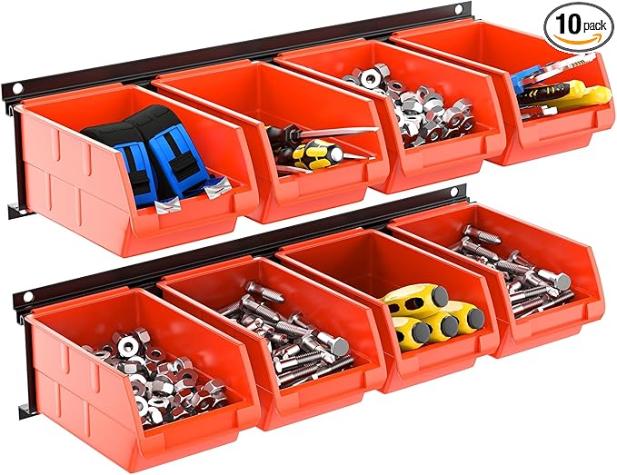 TORACK Wall-Mounted Storage Bins - 8 Plastic Bins & 2 Metal Tracks for Tools Organization in Garage, Craft Room, and Shop(Orange)