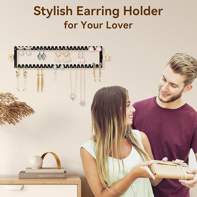 2 Tier Earring Holder Organizer Wall Mounted,2PCS Metal Earring Display Storage with 96 Holes and 92 Grooves Hanging Jewelry Organizer Tree for Stud/Hoop/Dangle Earrings Necklace(Black)