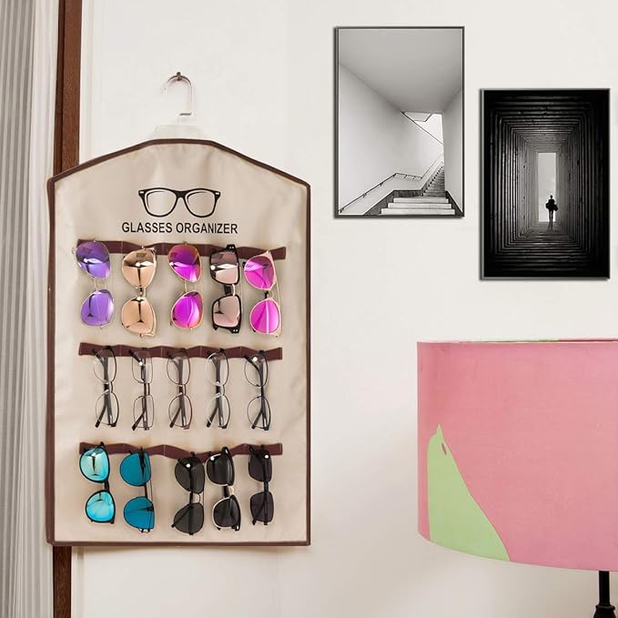 TRIUMPH VISION 15 Slots Hanging Sunglass Organizer, Over The Door Glasses Holder Stand Fabric Eyeglasses Case
