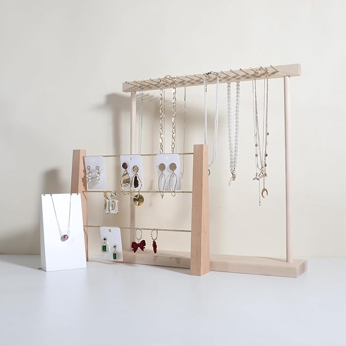 GemeShou Large necklace hanger shelf with 17 copper bars, Wooden jewelry storage organizer rack for hanger necklace bracelet, necklace display stand for boutique store【Marple】