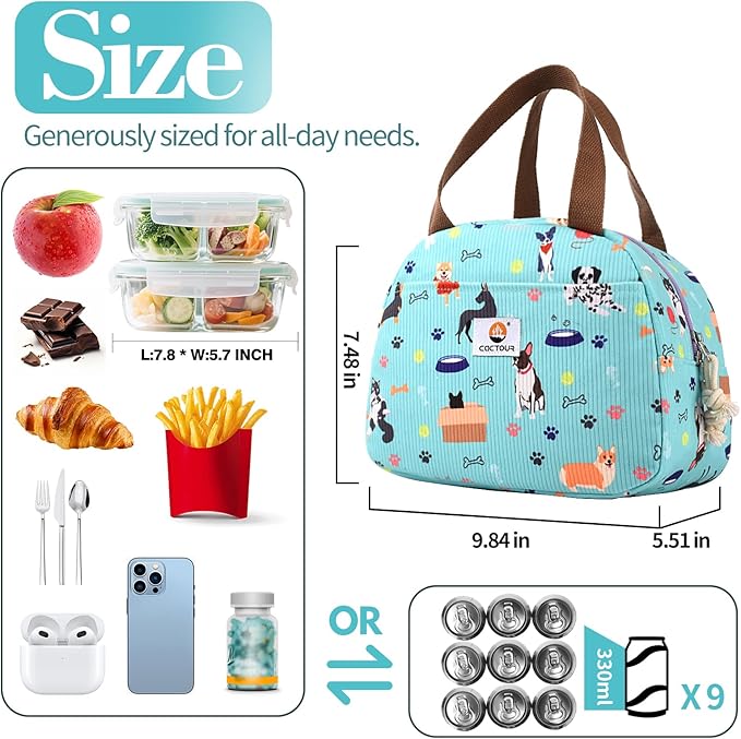 CaCTPUR Lunch Box for Women Girls Teens,Cute Lunch Box Cooler Bag, Portable Insulated Small Lunch Bag Women Reusable Corduroy Lunch Tote for Work/Travel/Picnic/School (Dog Green,Small)