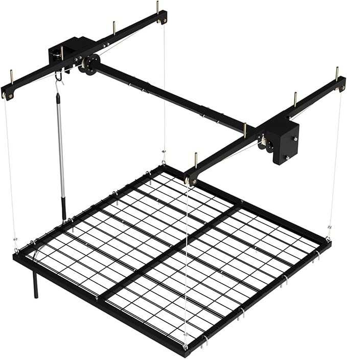 Garage Ceiling Storage Rack,Storage Elevator for Garage,4x4 ft Overhead Lift Storage with 350 Lb Capacity,Smooth Crank System, Space-Saving Design for Garage Organization