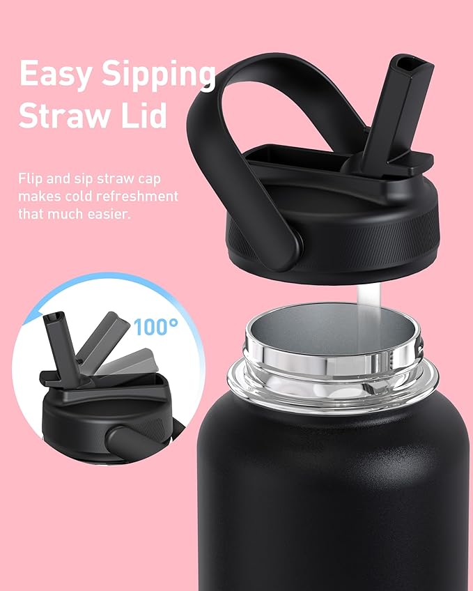 TOURIT 24 oz Insulated Water Bottle, Stainless Steel Water Bottles With Straw, Double Wall Vacuum Insulation for Cold and Hot Drinks, Leak Proof BPA Free Water Flask for Sports and Travel, Black